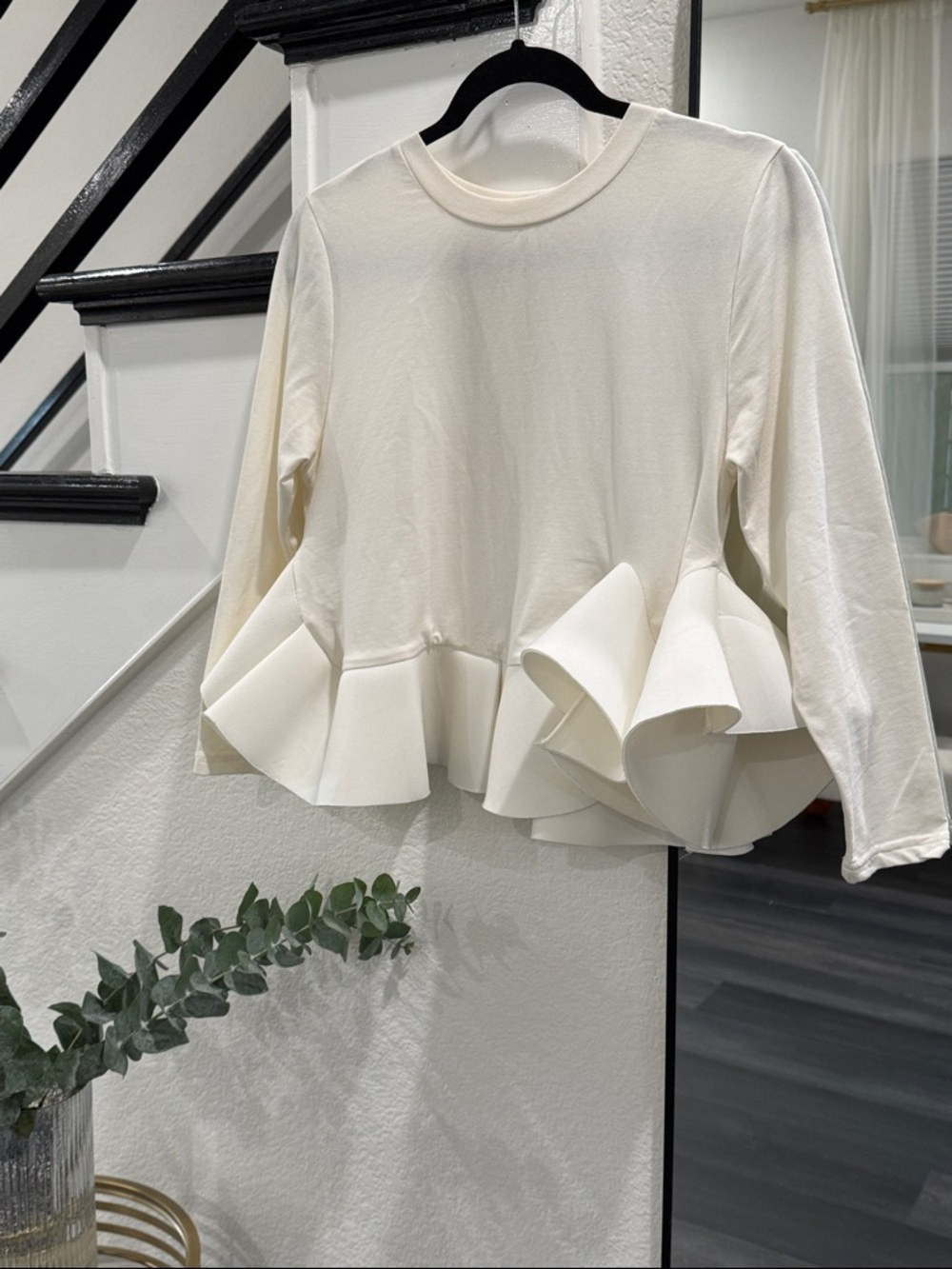 Elegant Cream Ruffle Hem Long-Sleeve Top